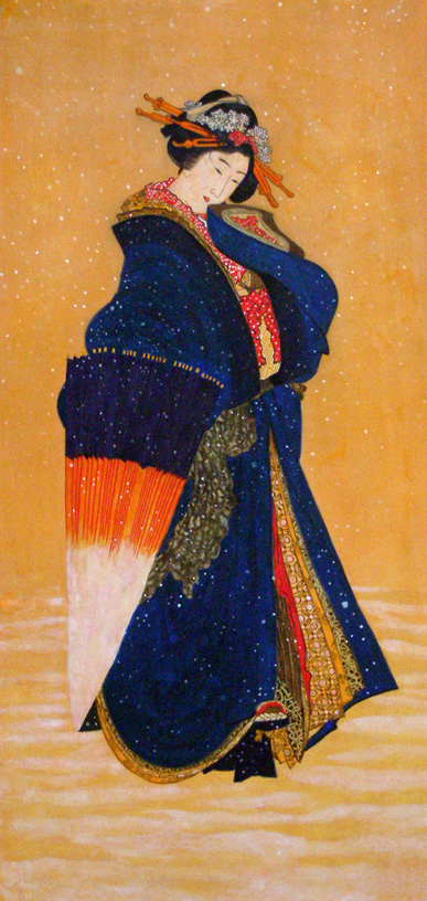 北斎筆　雪中傘持ち美人図　摸写