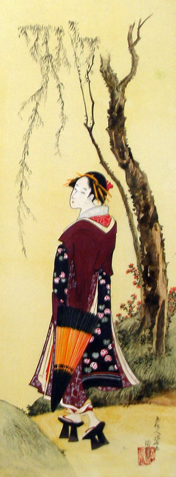 北斎筆　柳下傘持ち美人図　摸写